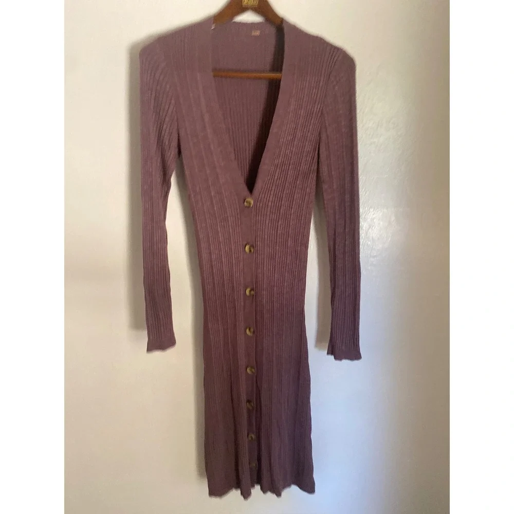 Free People Date Night Ribbed Sweater Dress Small Button Front Midi Mauve